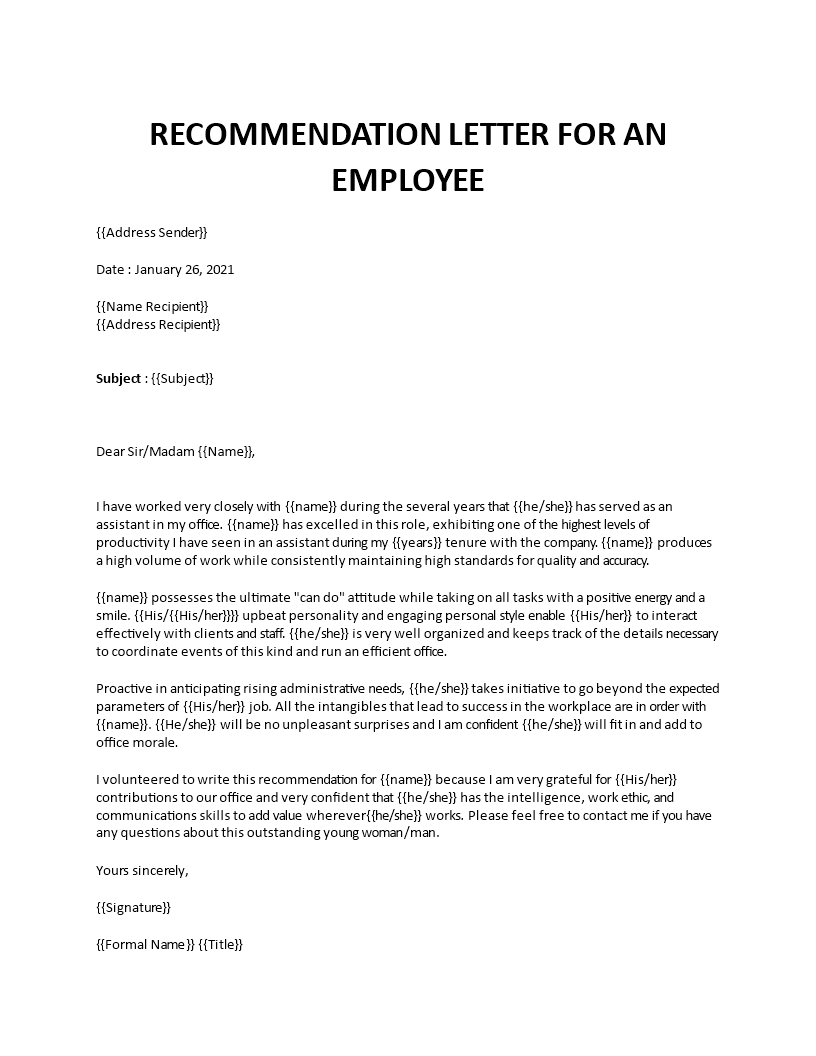 recommendation letter for an employee template