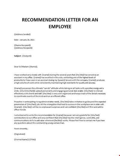 Recommendation Letter for an employee