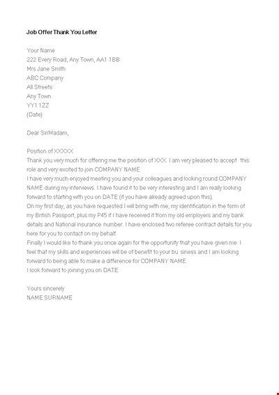 New Job Offer Thank You Letter Template