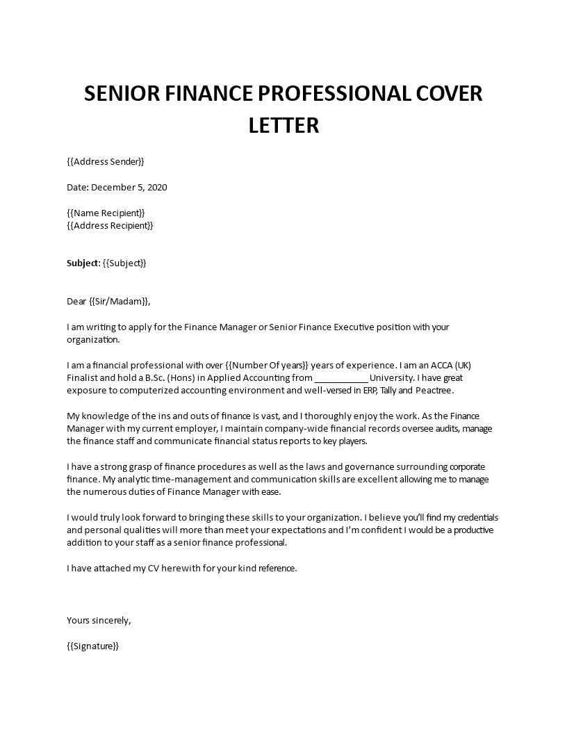 senior finance professional cover letter