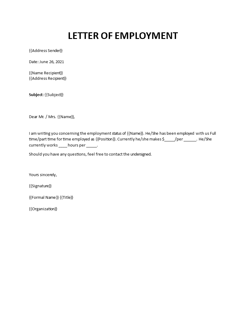 Letter of employment template