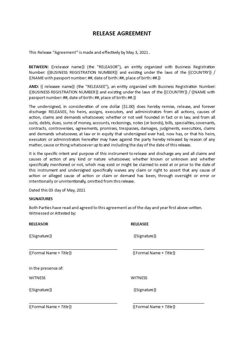 release agreement template form