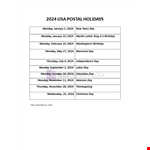 Postal holidays 2024 USA example document template 