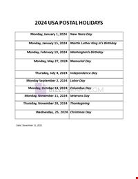 Postal holidays 2024 USA