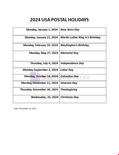 Postal holidays 2024 USA