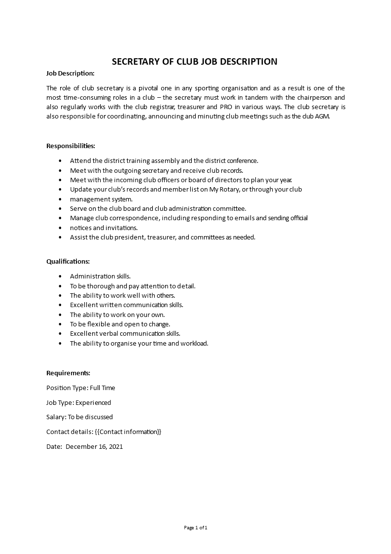 secretary of club job description Main Image secretary of club job description