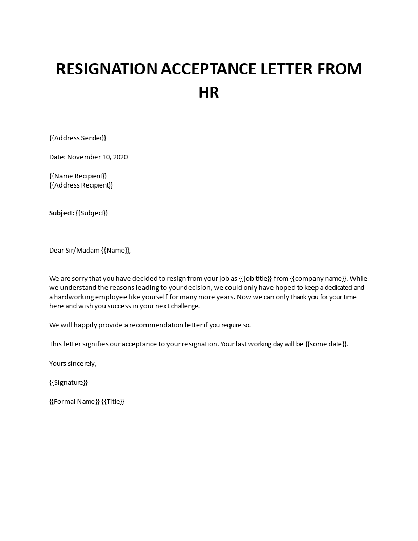 Resignation acceptance letter from HR