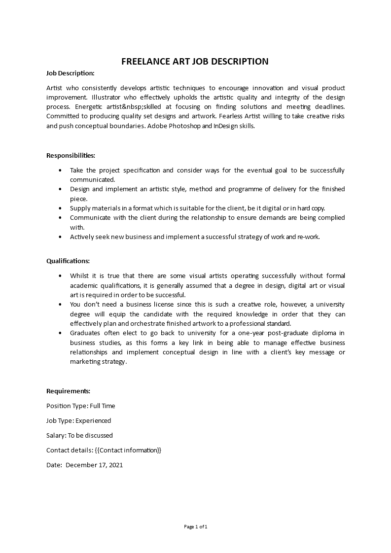freelance art job description Main Image freelance art job description template
