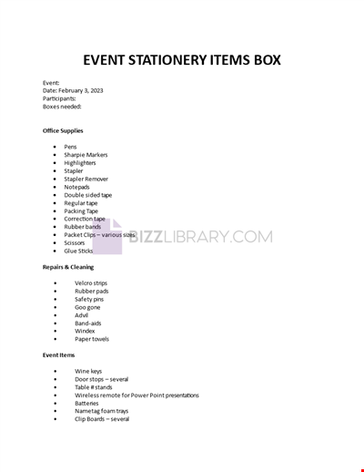 Event Box Items Checklist