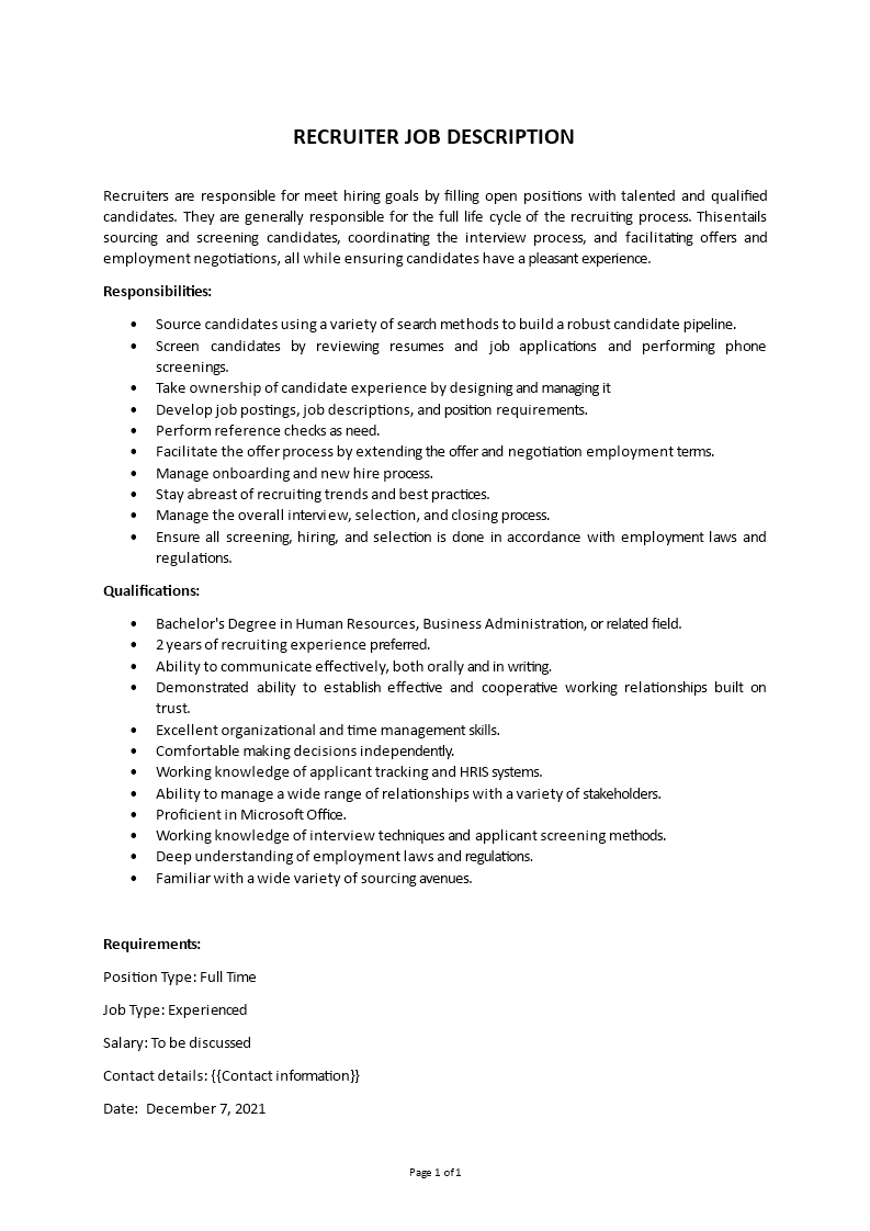 recruiter job description Main Image recruiter job description