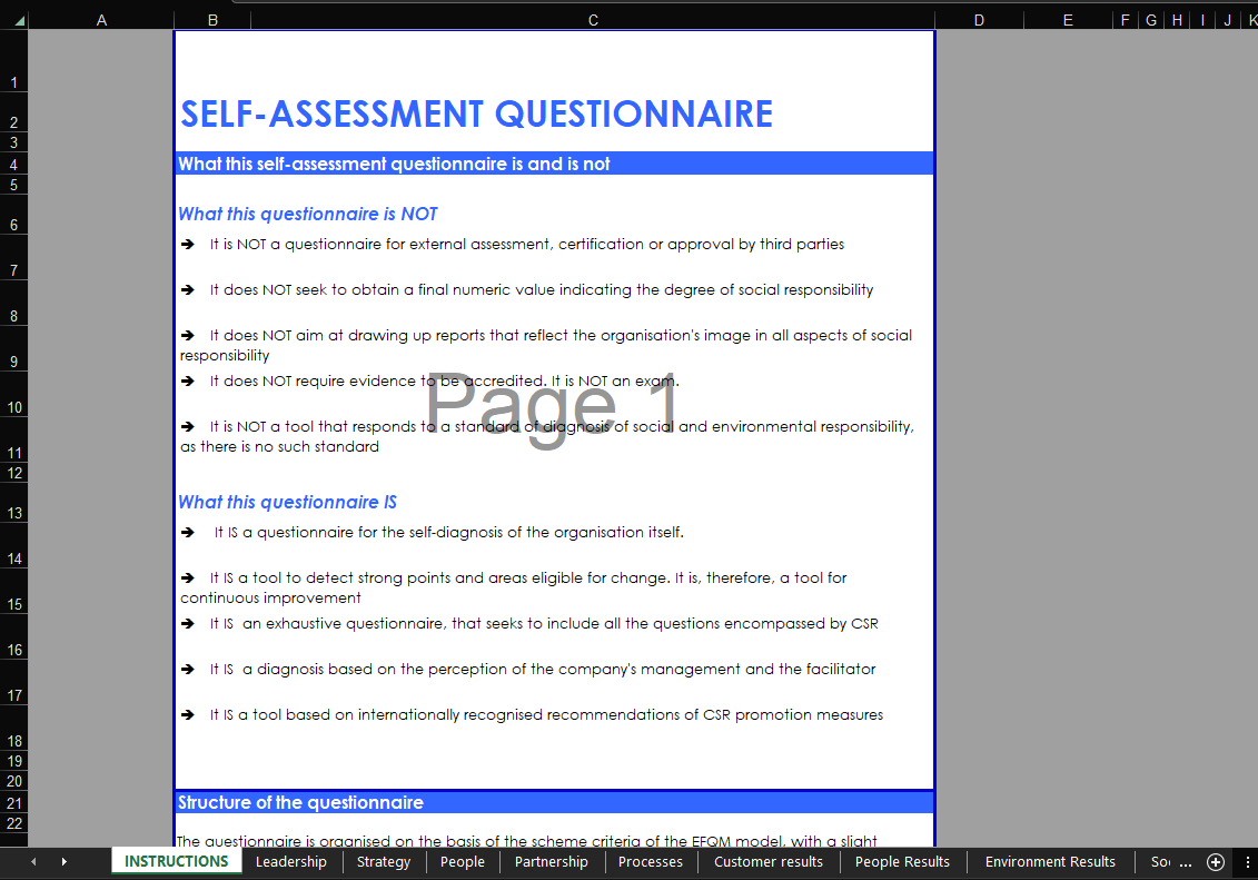 self-questionnaire excel template for organizational assessment template