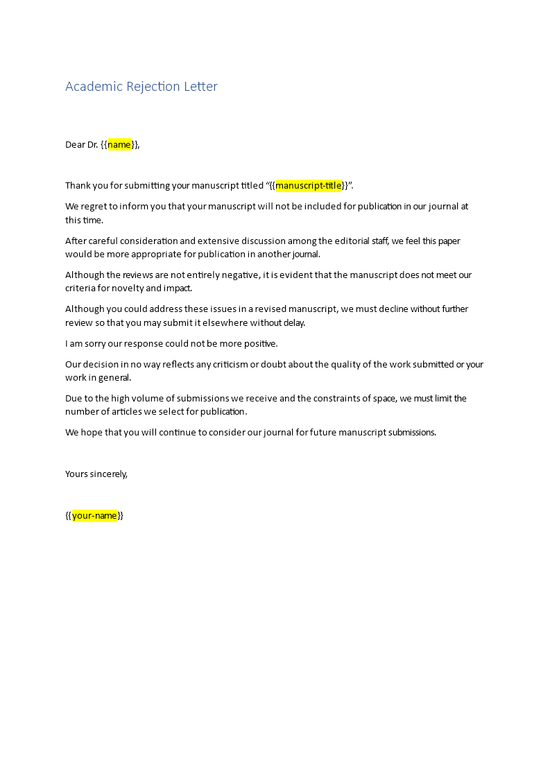 academic rejection letter example template