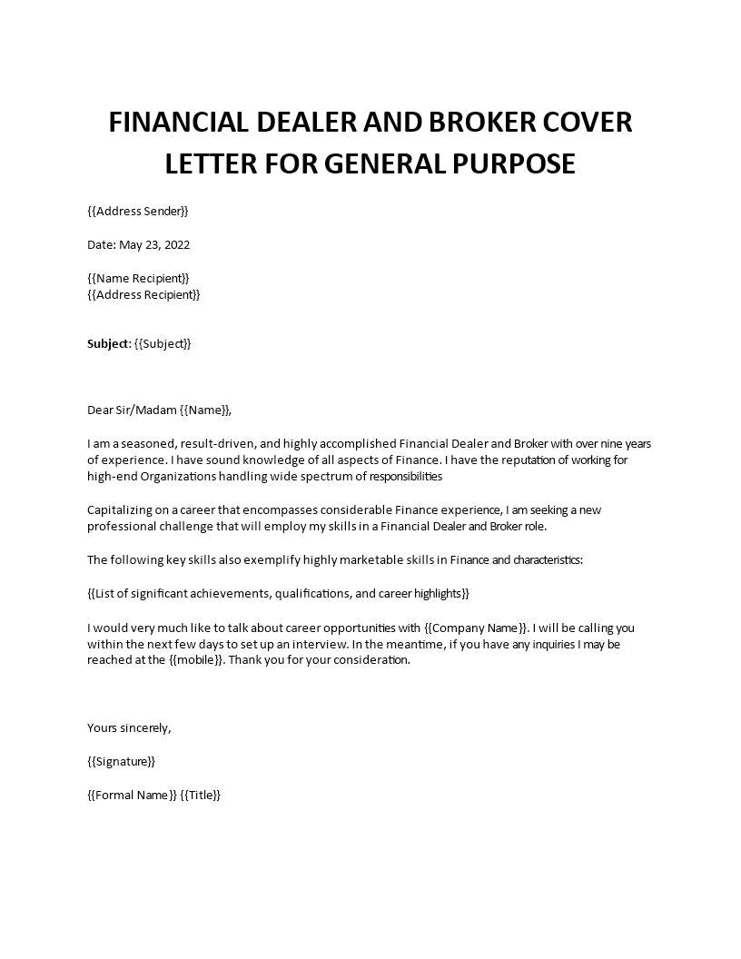 financial dealer and broker sample cover letter template