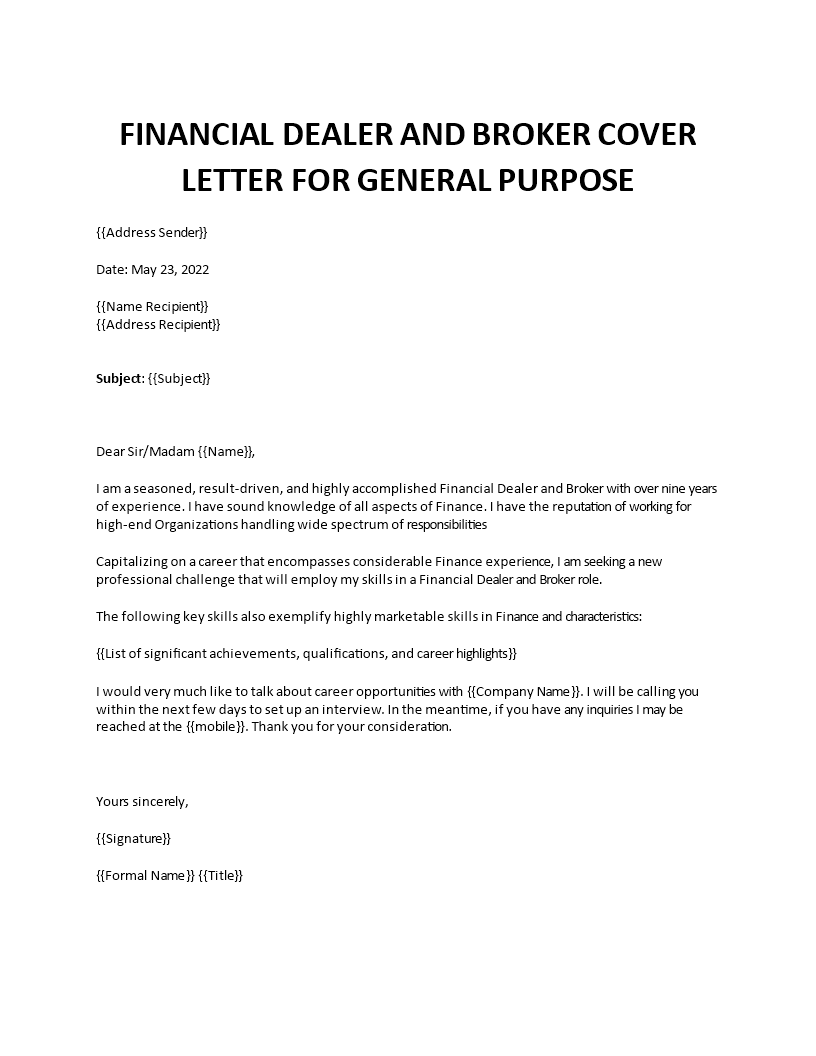 financial dealer and broker sample cover letter Main Image financial dealer and broker sample cover letter