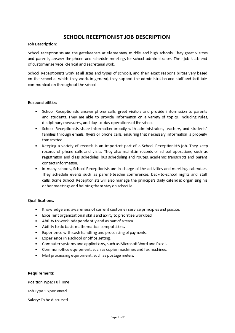 school receptionist job description