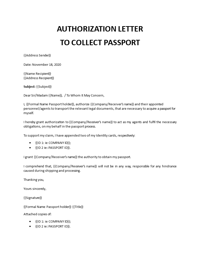 authorization letter to collect passport template