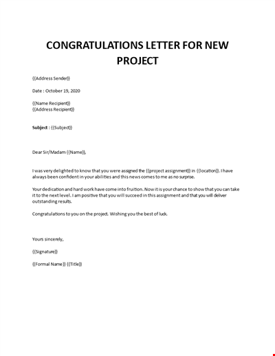 Congratulations letter for new project