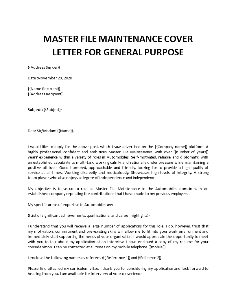 database maintenance manager cover letter template