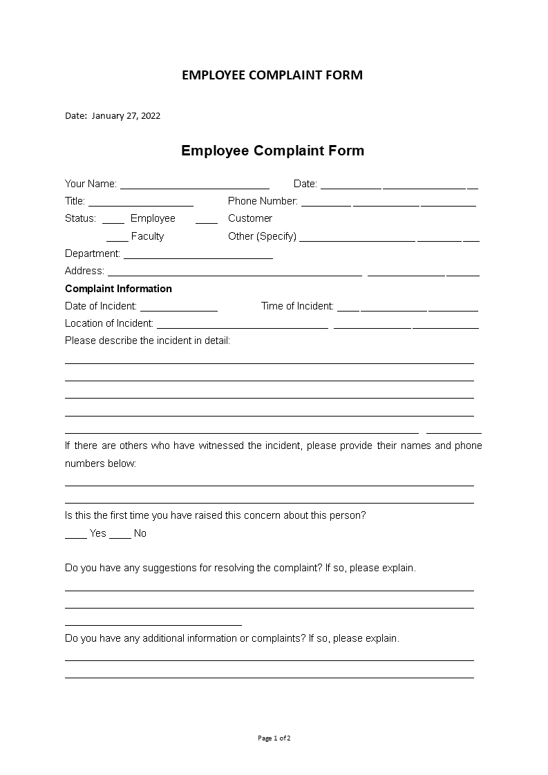 employee complaint form template template