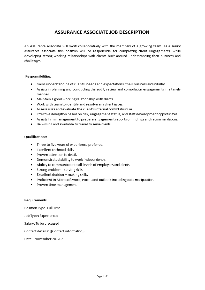 risk assurance job description