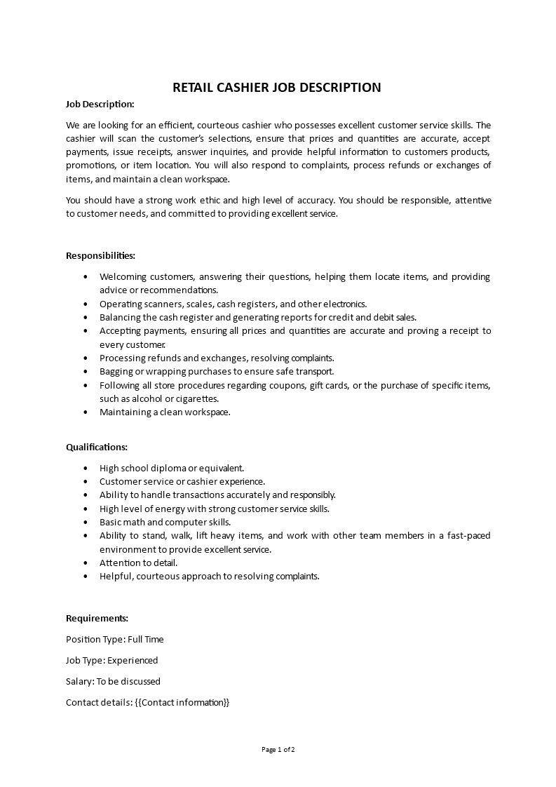 retail cashier job description Main Image retail cashier job description