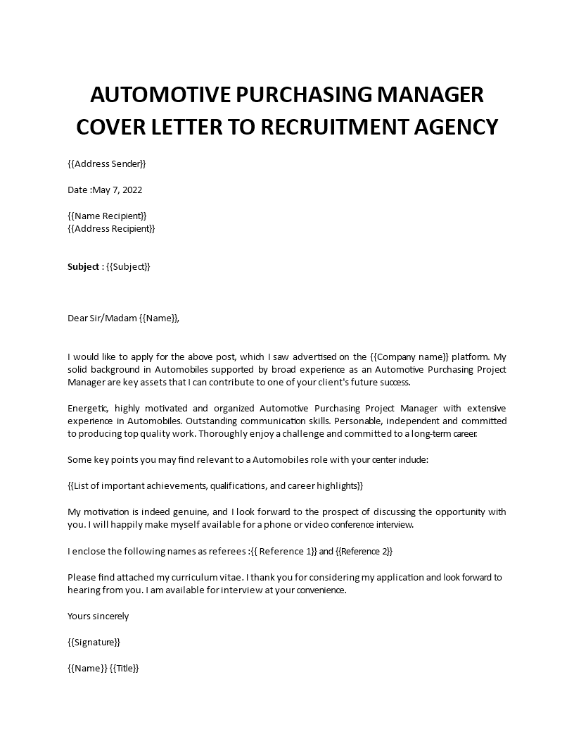 automotive purchasing manager cover letter