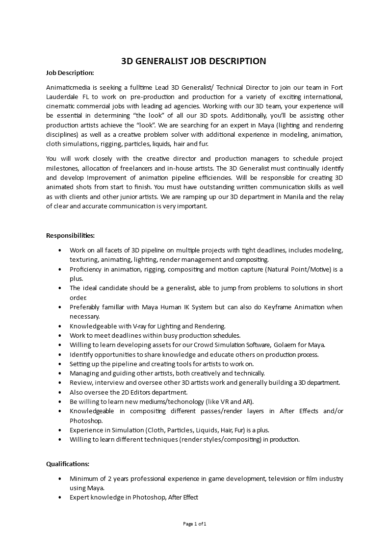 3d generalist job description