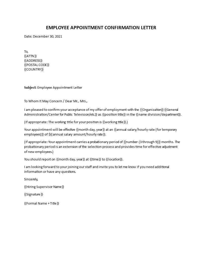employee appointment confirmation letter