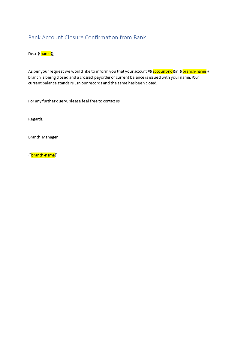bank account closure confirmation from bank template