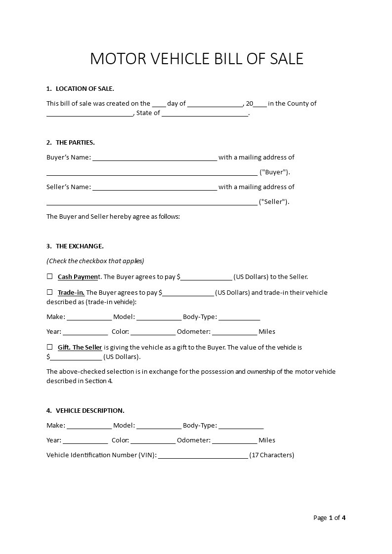 motor vehicle bill of sale template