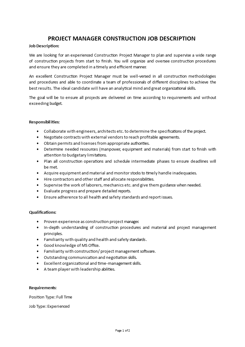 product manager construction job description