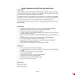Product Manager Construction Job Description example document template