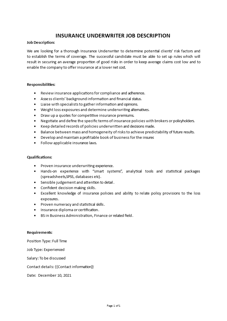 insurance underwriter job description Main Image insurance underwriter job description