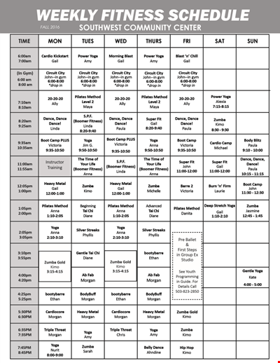Weekly Fitness Calendar Template for Training, Classes, Cardio, and Strength