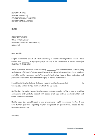 Teacher Recommendation Letter Template - School, Student, Address | Sender