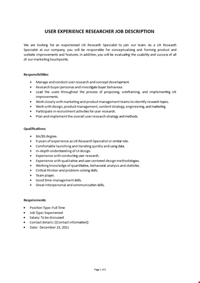 User Experience Researcher Job Description