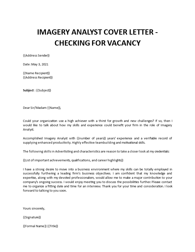 imagery analyst cover letter