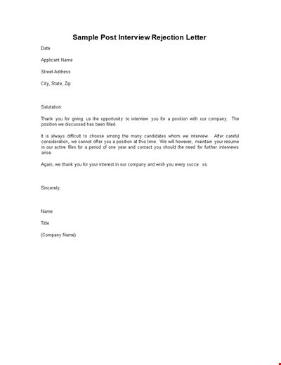 Thank You Letter for Post Interview Rejection - Company, Interview, Position, Thank You