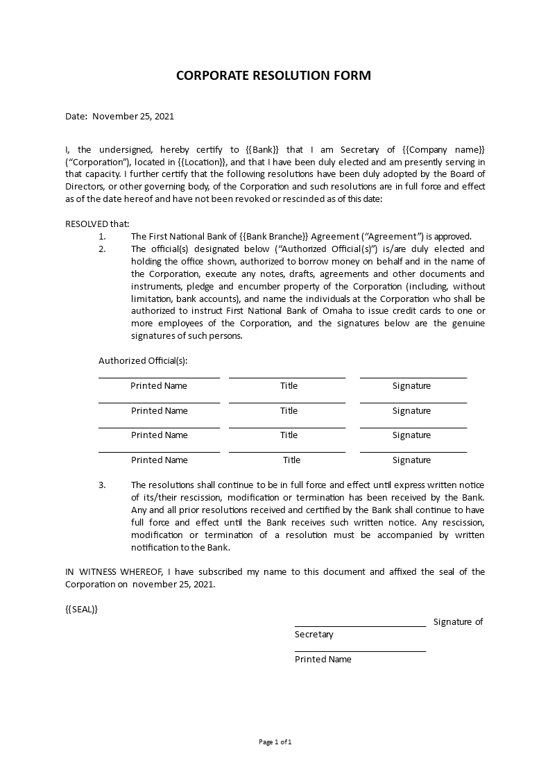 corporate resolution form Main Image corporate resolution form template