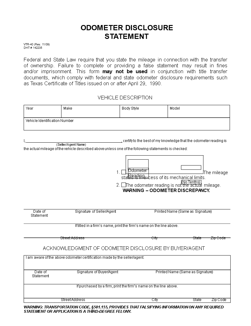 Secure odometer disclosure statement state compliant agent form