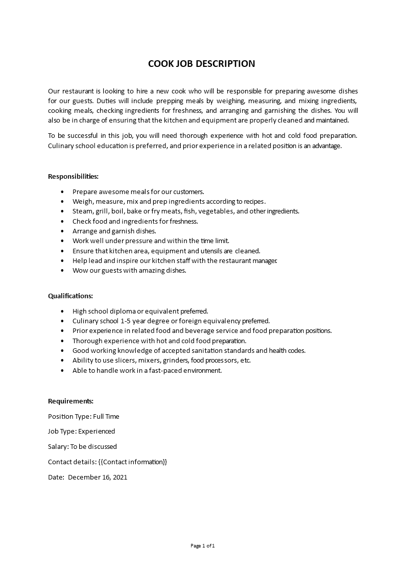 cook job description Main Image cook job description template