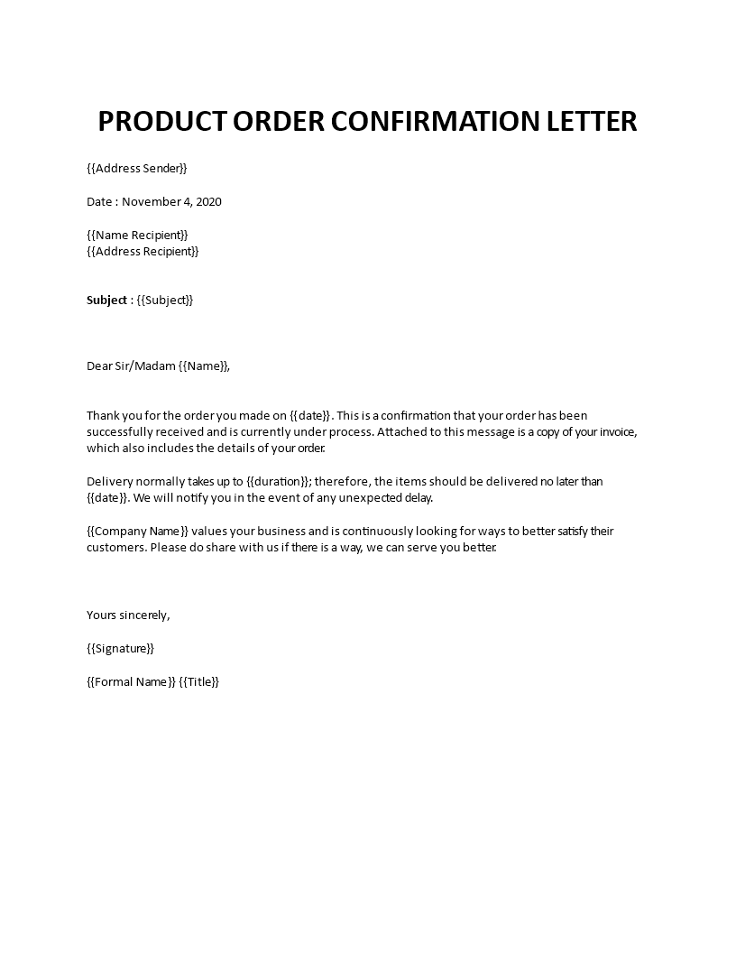 product order confirmation letter template