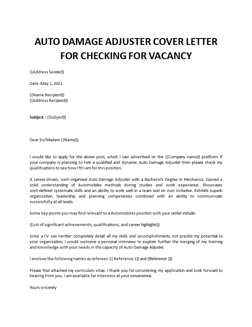 auto claim adjuster cover letter