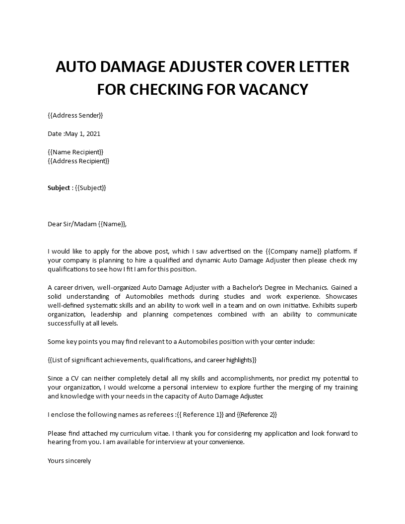 cover letter example for insurance adjuster