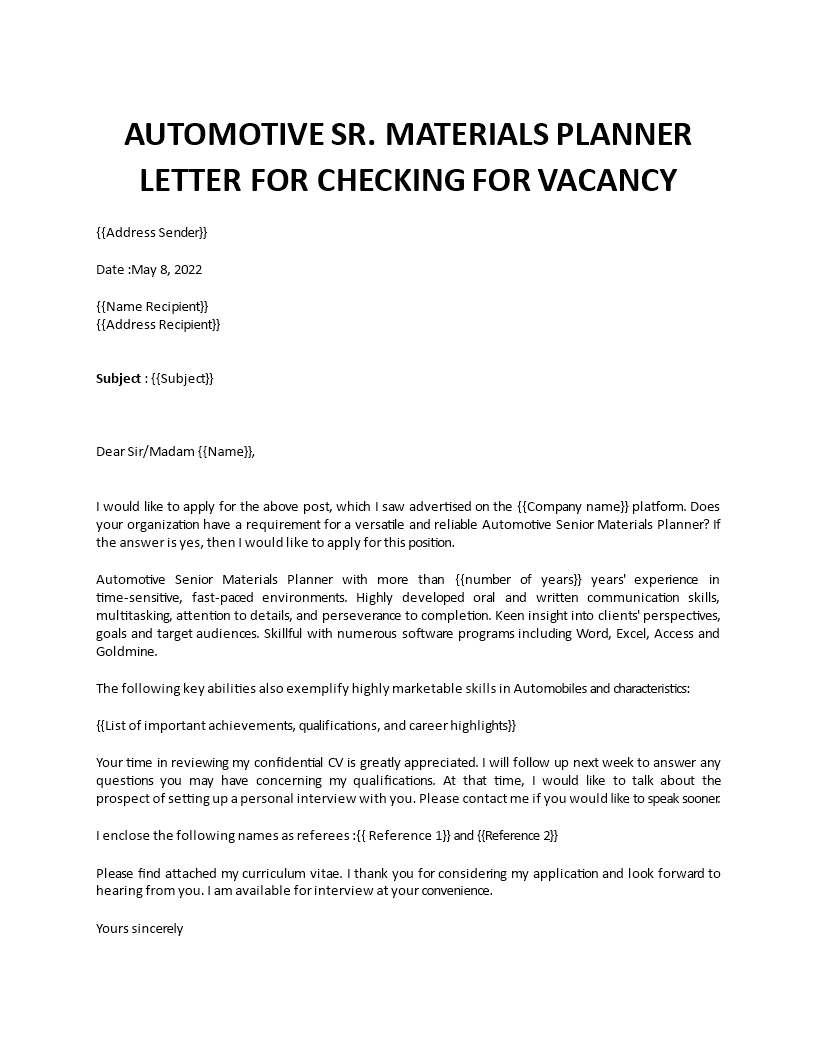 automotive senior materials planner cover letter Main Image automotive senior materials planner cover letter