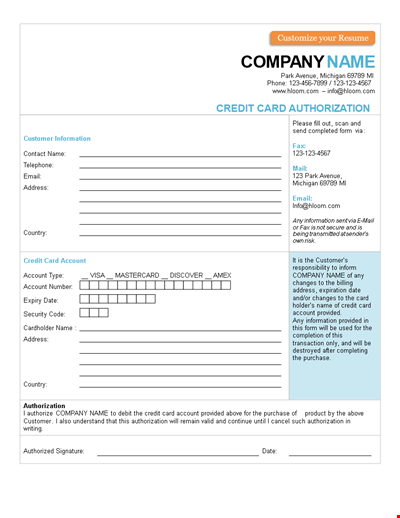 Credit Card Authorization Form Template - Secure Account Payment | Hloom