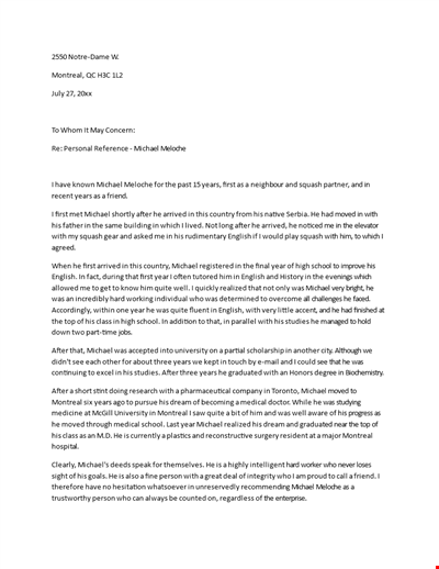 Professional Reference Letter in English