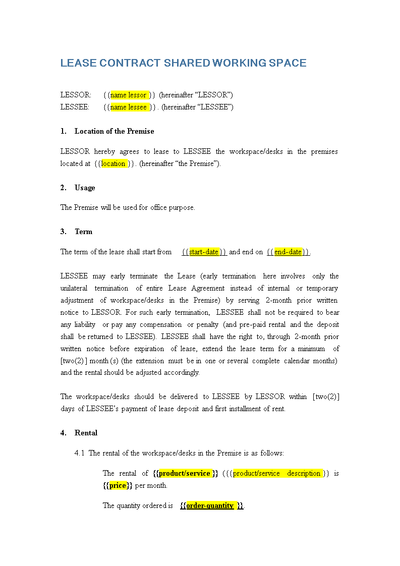 lease agreement shared working space template