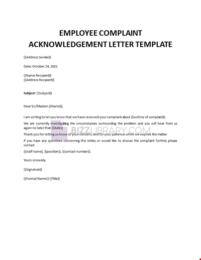 Employee Complaint Acknowledgement Letter Template