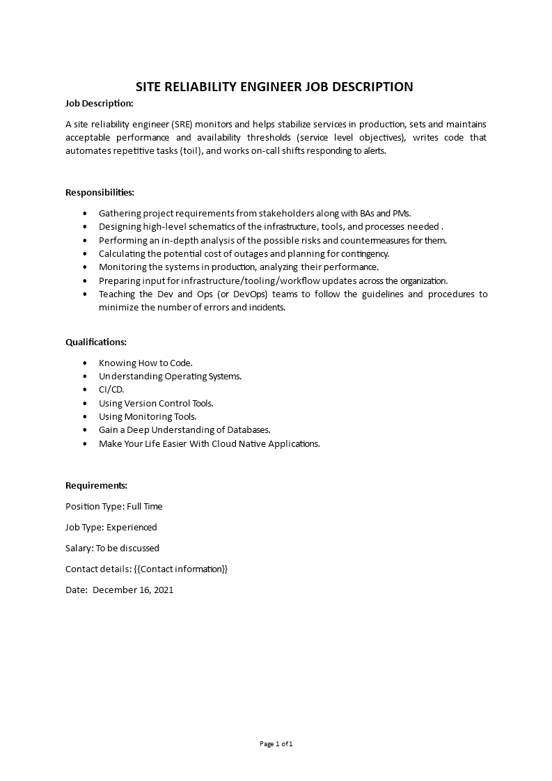 site reliability engineer job description